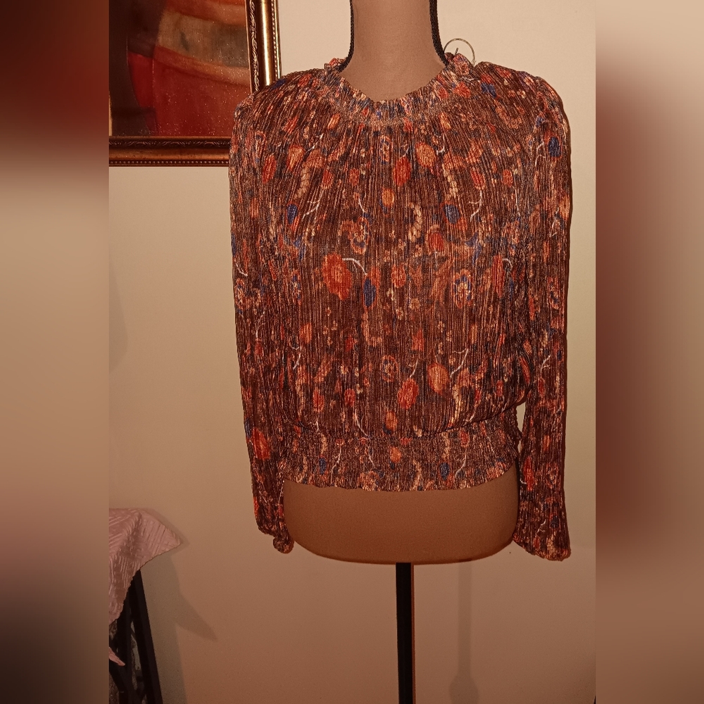 Brown Fall Floral Sheer Lined Gold Metallic Elastic Waistband Blouse, Size L